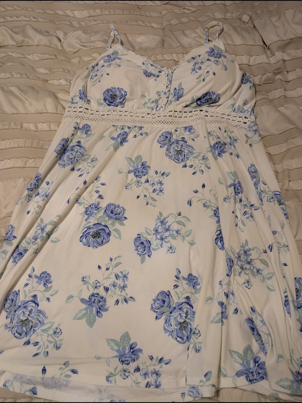 White Floral Sundress with Blue Rose Print